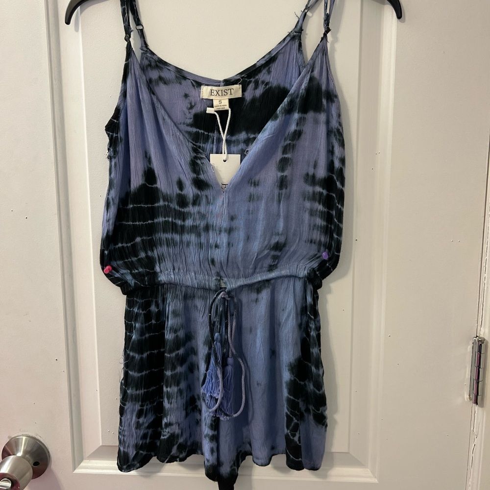 Exist Blue & Black Tie-Dye Romper with Tassel Drawstring